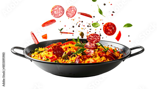 A paella pan filled with saffron rice and flying ingredients, set against black