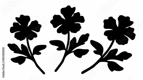 Three individual black flower silhouettes with their stems and leaves are presented on a white background.