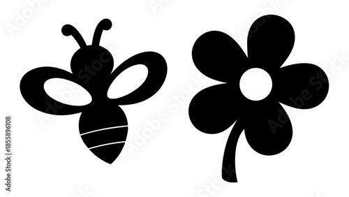 A stylized black silhouette of a busy bee next to a simple flower.