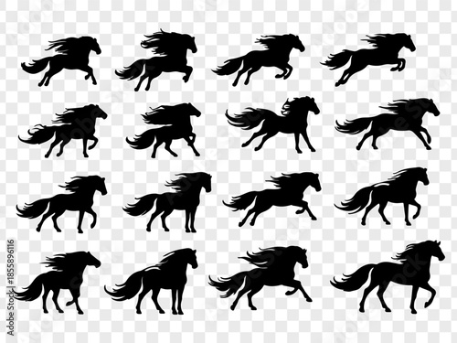 Minimalist vector illustration featuring a large collection of black horse silhouettes in diverse poses, including standing, walking, resting, and mare-with-foal scenes. Clean solid shapes with smooth