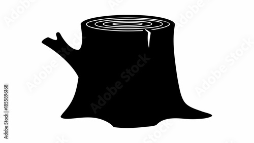 A bold black silhouette of a tree stump with clear growth rings and a small branch.