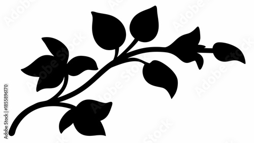 A single, elegant branch adorned with several leaves is depicted as a clean black silhouette.