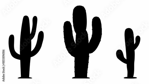 A collection of three smooth, arm-shaped cactus silhouettes stands tall against a pristine white background.