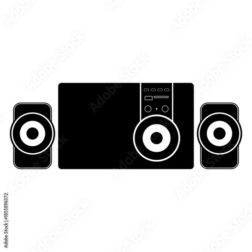 Black audio speaker system vector icon with subwoofer and speakers.