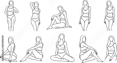 Set of Abstract minimalistic female figure in underwear. Vector illustration of the female body in a linear style.