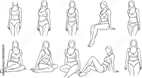 Set of Abstract minimalistic female figure in underwear. Vector illustration of the female body in a linear style.