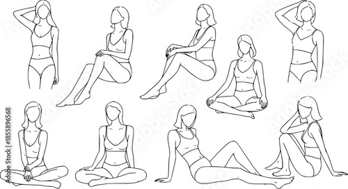 Set of Abstract minimalistic female figure in underwear. Vector illustration of the female body in a linear style.