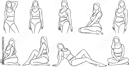 Set of Abstract minimalistic female figure in underwear. Vector illustration of the female body in a linear style.