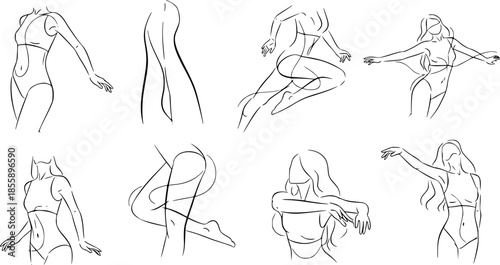Set of Abstract minimalistic female figure in underwear. Vector illustration of the female body in a linear style.