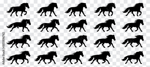 Minimalist vector illustration featuring a large collection of black horse silhouettes in diverse poses, including standing, walking, resting, and mare-with-foal scenes. Clean solid shapes with smooth