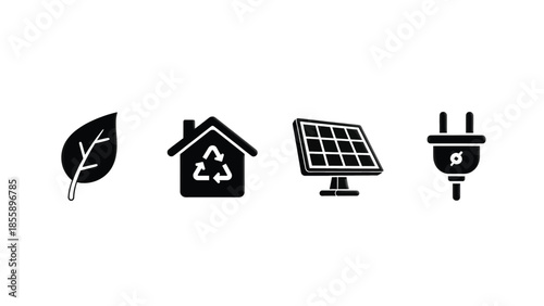 Icons representing renewable energy sources and eco-friendly living.
