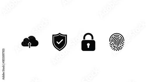 Digital security icons representing cloud storage, protection, privacy, and identity.