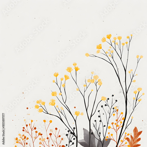 Delicate Flora: Elegant botanical illustration features intricate yellow and orange flower clusters with delicate branches, evoking a sense of spring's gentle awakening.