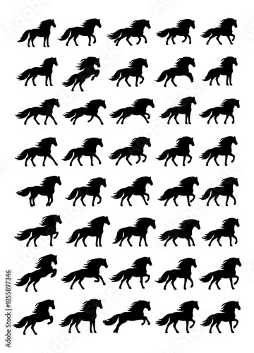 Minimalist vector illustration featuring a large collection of black horse silhouettes in diverse poses, including standing, walking, resting, and mare-with-foal scenes. Clean solid shapes with smooth