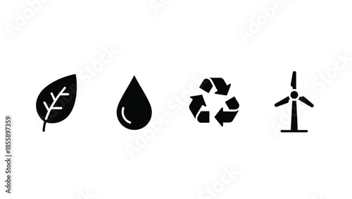 Simple icons representing nature, water, recycling, and renewable energy.