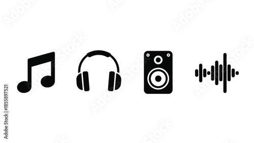Collection of audio and music icons representing sound, listening, and playback