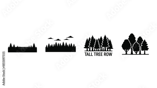 Diverse collection of stylized forest silhouettes representing different tree arrangements and densities.