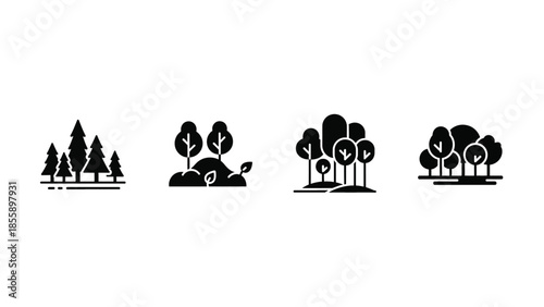 Set of simple, stylized forest and tree icons with a clean, modern aesthetic