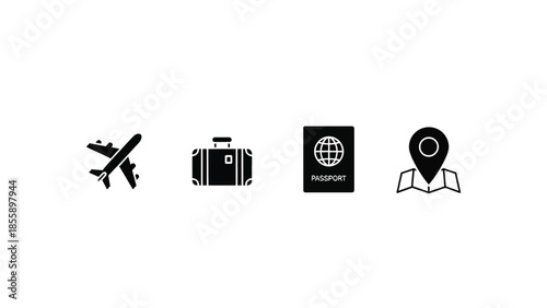 Set of travel icons: airplane, suitcase, passport, and map pin on white background