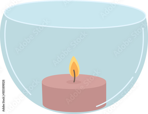 Illustration of a candle in a round glass holder. Elegant  home decor element isolated on white background