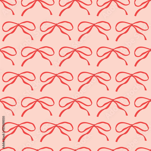 Seamless pattern of hand drawn red bows on pink background. Template for greeting card, invitation, poster, banner, wrapping paper.