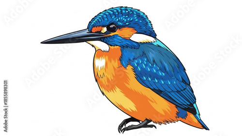 Vibrant blue and orange kingfisher bird standing alone on white background