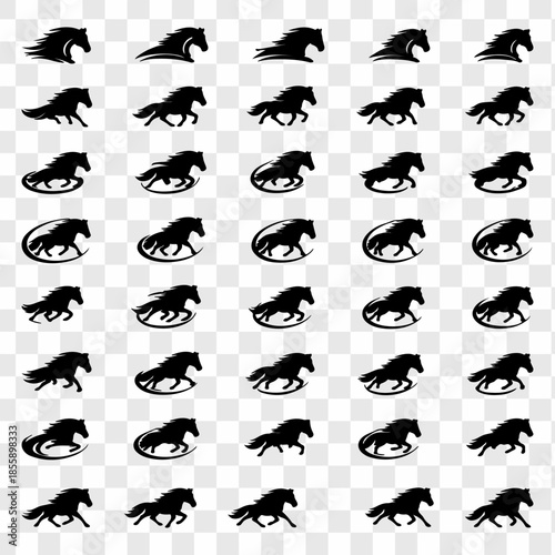 Minimalist vector illustration featuring a large collection of black horse silhouettes in diverse poses, including standing, walking, resting, and mare-with-foal scenes. Clean solid shapes with smooth