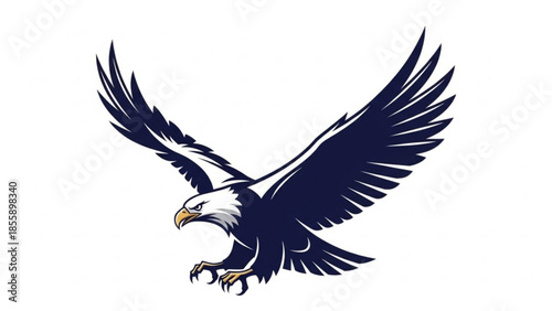 Dark blue eagle flying with white background, wings spread wide, sharp talons extended, symbolizing