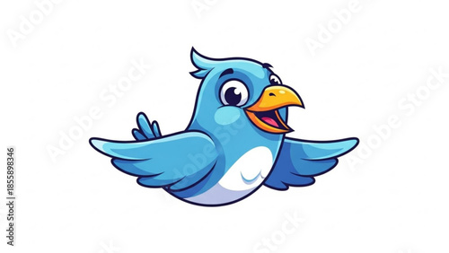 A cheerful blue cartoon bird with a yellow beak flying happily