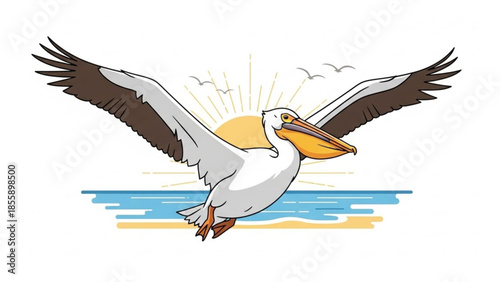 Large white pelican flying over ocean with sun in background at sunrise