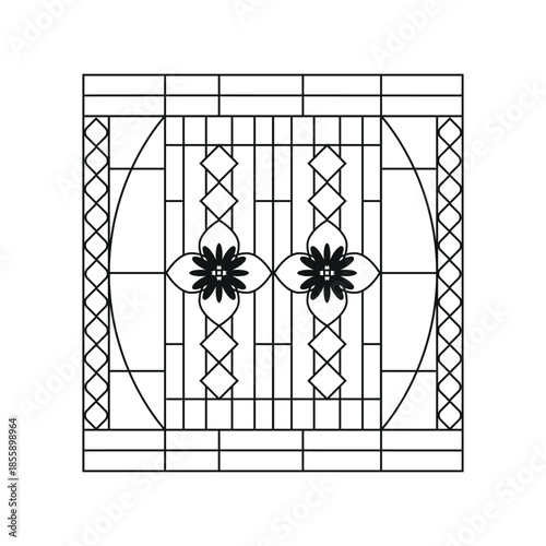 Minimalist flat illustration of a wrought iron window grill featuring a symmetric floral centerpiece, diamond shapes, and lattice patterns. Ideal for architectural and decor projects