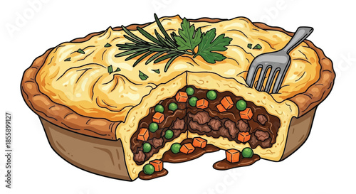 Savory Shepherd's Pie with Meat Filling and Toasted Mashed Potato Illustration