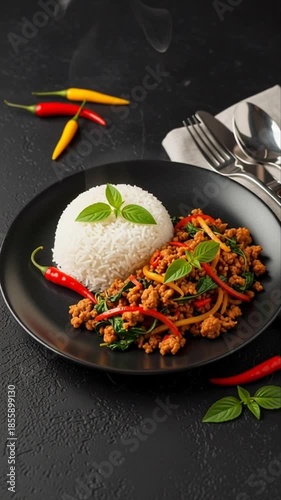 Steaming hot thai holy basil stir-fry dish