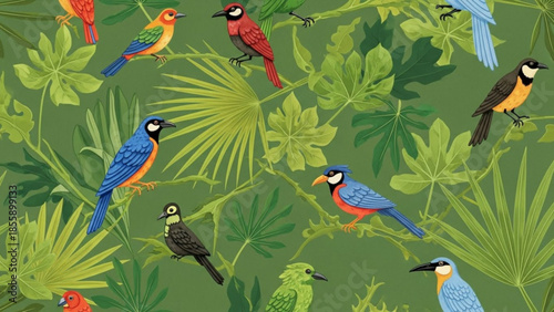 Vibrant tropical birds perched on lush green leaves and branches in a dense jungle scene with colorful