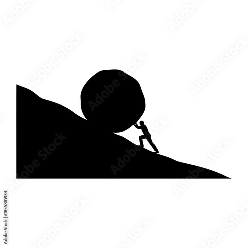 Strong man pushing large boulder up steep hill silhouette vector flat illustration design.