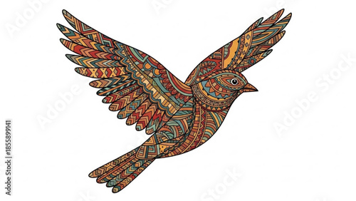 Vibrant bird in flight with intricate multicolored patterns and designs on its feathers against a white