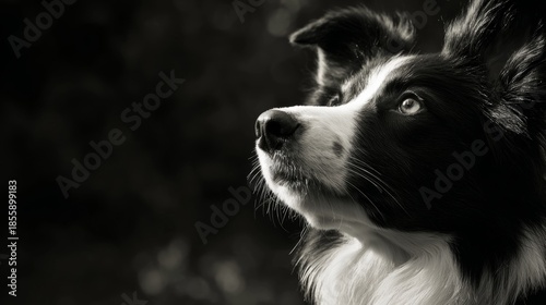 Close-up of a dog looking up in a garden during daylight, the animal is showing interest in something off camera