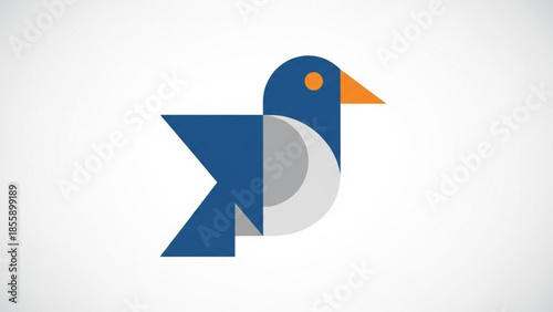 Geometric blue bird icon with orange beak and white belly on gray background