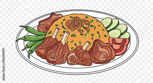 Spicy Mutton Fried Rice with Lamb Chops and Fried Onions Illustration