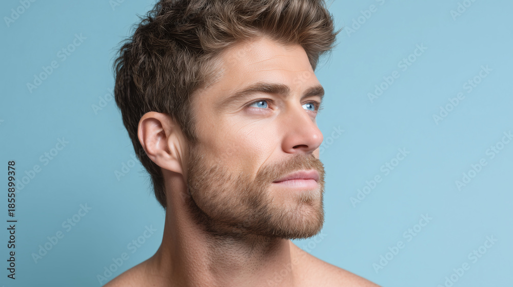Obraz premium Handsome male with subtle stubble and soft matte skin looks thoughtfully into distance against light blue background, showcasing natural texture and clear complexion