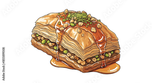 Classic Layered Baklava Pastry with Honey and Crushed Pistachio Illustration