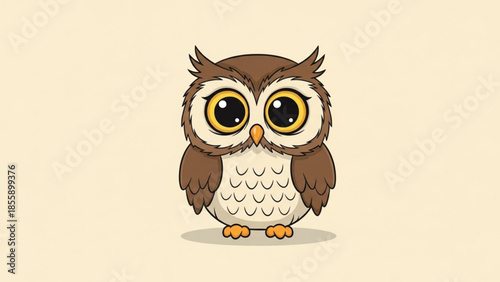 A cute cartoon owl with big yellow eyes and brown feathers on a beige background