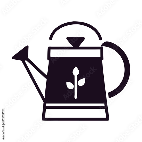 A dark purple silhouette icon of a watering can with a plant sprout design, representing gardening, growth, and nature, isolated on