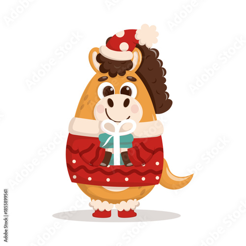 Cute Christmas Horse Illustration New Year 2026. Adorable cartoon horse wearing winter clothes, symbol of New Year 2026, festive holiday illustration for greeting cards and seasonal designs.