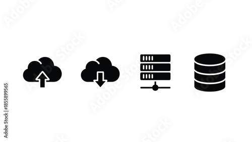 Digital icons representing cloud storage, data upload, download, and database.