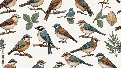 Colorful illustration of various small birds on branches with leaves, white background, multiple species