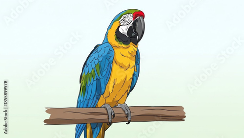 Vibrant blue and yellow macaw perched on wooden branch with metal leg bands