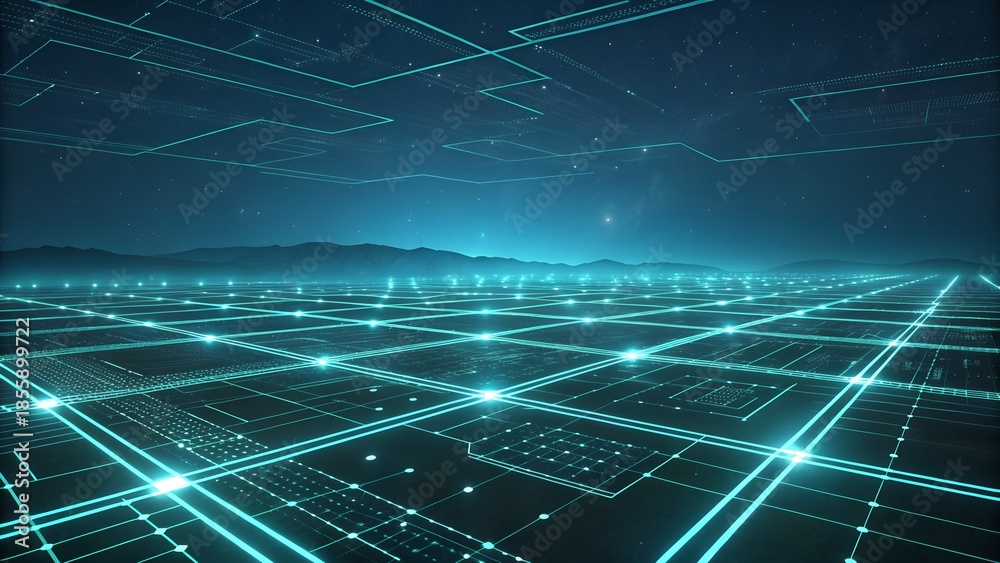Fototapeta premium Futuristic Digital Landscape with Glowing Technology Grid and Horizon