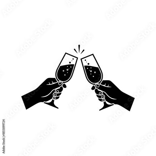 Two hands holding champagne glasses clinking together in celebration
