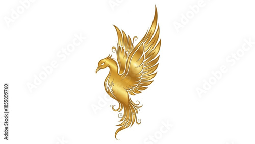Golden phoenix bird rising with outstretched wings and curly feathers on white background